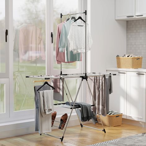 Corde à linge 139x62,5x201 cm pliante verticale avec ailes réglables, 4 supports de chaussures : barre et étagère Argent (1/4)