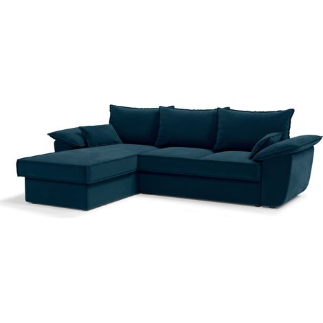 Canapé d'angle gauche convertible 4 places en velours bleu paon SASHA (1/5)