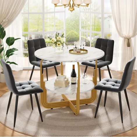 FLORAGRACE Table à manger en MDF blanc ronde 100cm 5 pièces 80 cm, effet marbre, pieds métal doré, chaises velours grises (1/5)