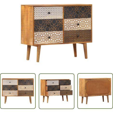 The Living Store Buffet avec motif imprimé 90x30x70 cm Bois de manguier massif - Armoire - Buffet - Meuble De Rangement - Mobilier - Bois De Manguier (1/5)