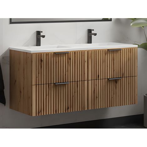 Mobile per bagno sospeso con scanalature e lavabo da incasso 120 cm Naturale chiaro - ZEVARA
