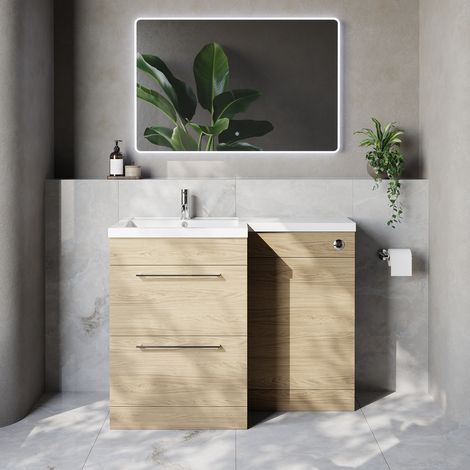 Napoli 460 Light Oak 1100mm 2 Drawer Vanity Unit Toilet Suite with Left Hand Square Lucia Basin - 1100mm - Chrome 320mm HandleWithout Kingston Toilet Pan