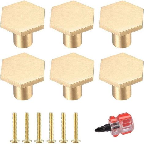 6 Boutons De Porte Hexagonaux En Laiton Doré Pour Meuble Armoire Commode Cuisine Placard Avec Tournevis