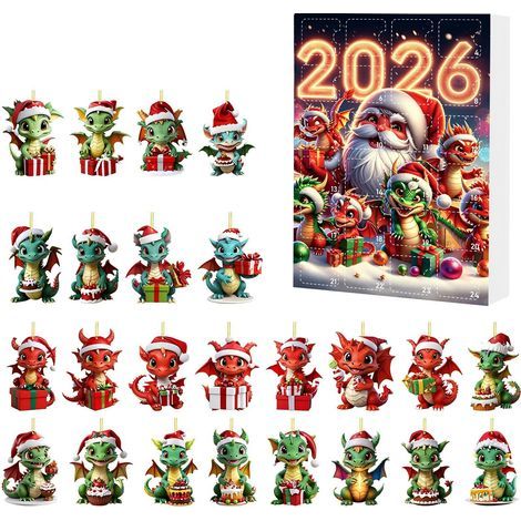 Calendrier de l'Avent 2026 – 24 Jours de Surprise, Suspensions 2D Plat Acrylique Bébé Dragon & Arbre de Noël, Déco Murale Compte à Rebours Festif (1/4)