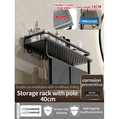 Étagère murale en aluminium noir épais de 40 cm (B) pour salle de bain, porte-shampoing, rangement et organisateur de cuisine. (1/5)
