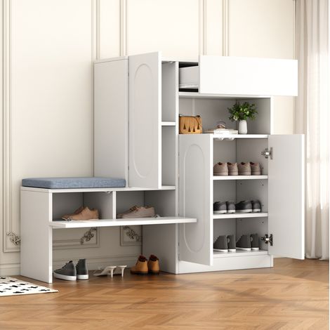 Scarpiera 130x35x110 cm 2 in 1 con panca, ante con chiusura ammortizzata, ripiani regolabili, truciolato bianco (1/5)