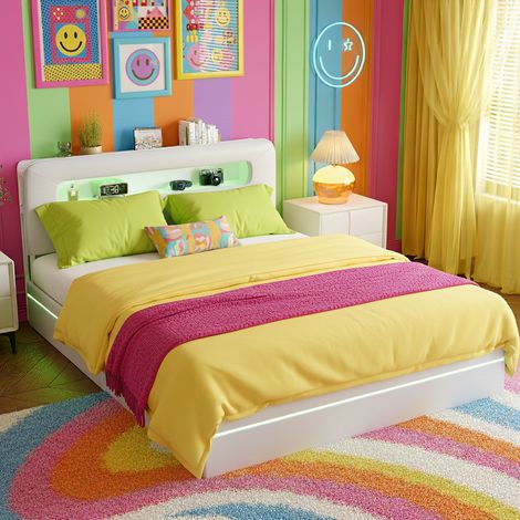 Letto contenitore 160x200 cm - con testiera e contenitore - LED e USB - tessuto in velluto - rete a doghe - letto matrimoniale e per adolescenti - beige