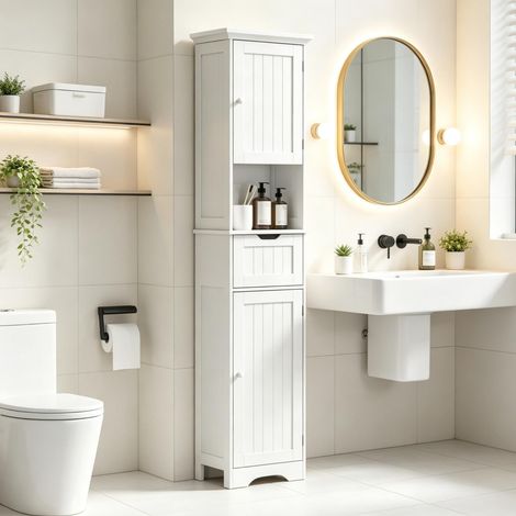 Meuble colonne de salle de bain avec éclairage LED, armoire de rangement haute et étroite avec tiroir et 2 portes, armoire autoportante (1/5)