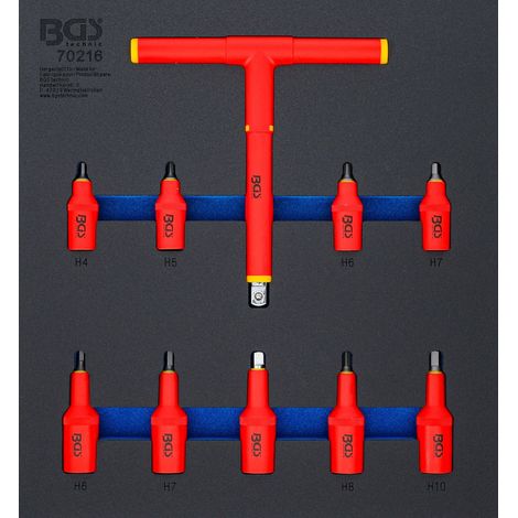 BGS Insert pour servante d’atelier 2/3 : set d’embouts VDE, entraînement carré intérieur 10 mm (3/8") / 12,5 mm (1/2"), hexagone intérieur 4 - 10 mm, 10 pièces (1/4)