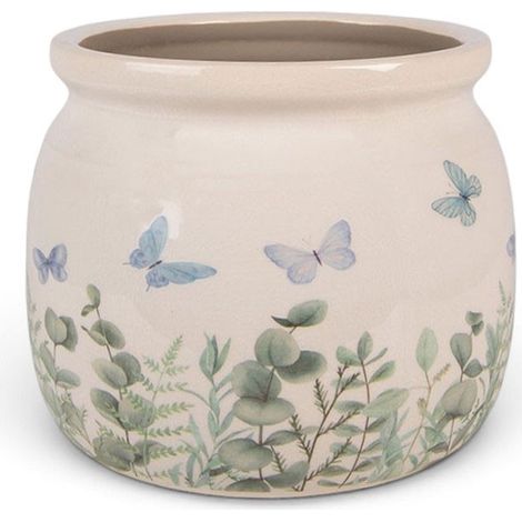 Pot de fleurs rond beige céramique papillons 16x13cm (1/4)