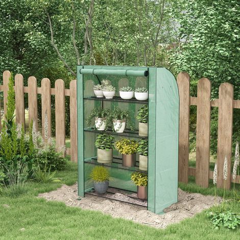 Mini serre de jardin 4 étagères, bâche en polyéthylène renforcé, porte enroulable, dimensions 120x50x170 cm, coloris vert
