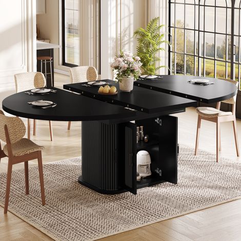 Table à manger extensible 118-158x118 cm pour 2 à 6 personnes, rangement caché, portes à rideau latérales, étagères réglables, MDF noir (1/5)