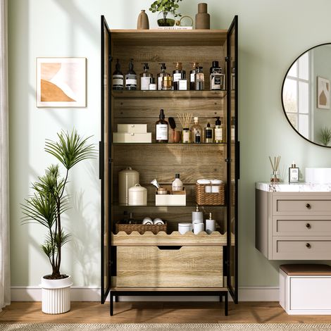 Armoire haute avec porte vitrée, étagères en verre réglables, tiroir, décor ondulé et pieds métalliques, pour salon, chambre et entrée, coloris naturel (1/5)