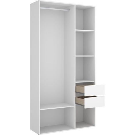 Pegane – Armoire en bois mélaminé chêne naturel et blanc – 2 tiroirs – Longueur 98 cm x Profondeur 45 cm x Hauteur 205 cm – Étagères intérieures (1/5)