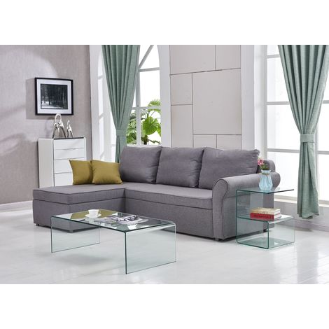 Mesa de centro de cristal templado curvado transparente, mesa de té transparente (1/4)