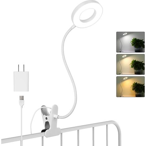 Lampe à clipser Blanc : adaptateur 5V/2A, 10 luminosités, 3 modes. Pour lecture/bureau/artisanat/chevet (1/5)