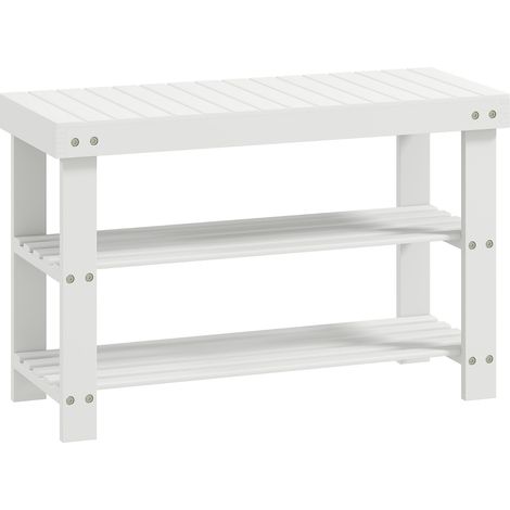 Panca portascarpe in bambù con 2 ripiani e seduta contenitore 70x28x45 cm bianca MODENUIT (1/5)