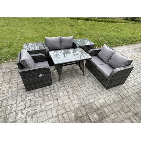 Fimous 6 Stücke Polyrattan Gartenmöbel Set mit Esstisch Sesseln Love Sofa 2 Beistelltischen Dunkelgrau Gemischt (1/5)