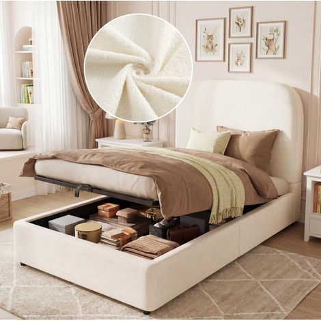 Cama infantil de tela bouclé beige, 90x200 cm, con almacenamiento hidráulico y somier de láminas incluido. (1/5)
