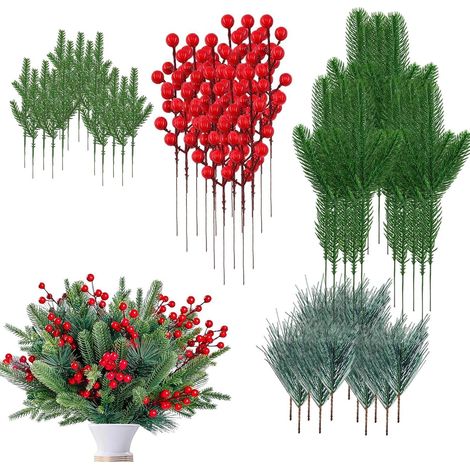 Branches de Pin Artificiel et Réaliste 60 Pièces de Tiges de Pin Vertes avec Baies Rouges Pour les fêtes de Noël, porche, porte, manteau de cheminée, table, (1/5)