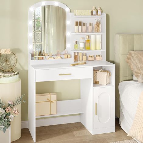 Coiffeuse enfant avec miroir LED – Luminosité réglable – 4 espaces de rangement – Design moderne blanc