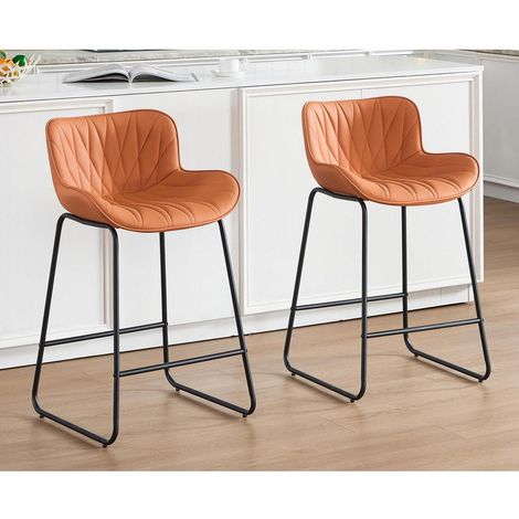 Barhocker 2er Set mit Steppdesign Rückenlehne aus PU-Leder, Metallfüße, Orange (1/5)