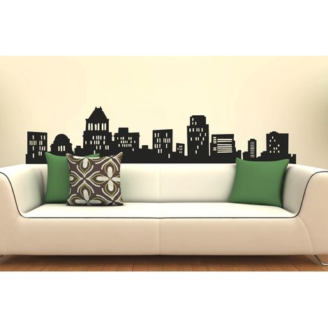 Sticker mural décoratif autocollant 170 cm X 60 cm, skyline de New York, sihouette des bâtiments noirs.