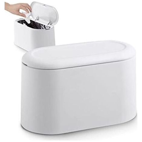 Small Table Top Bin with Push Button Lid for Office, Bathroom, Kitchen and Bedroom, Pet Food Storage (White) (1/5)