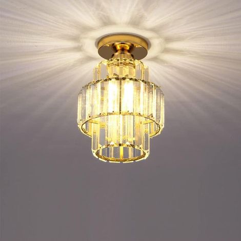 Plafonnier moderne en cristal, lustre semi-encastré en cristal, douille E27, plafonnier en métal pour salon, chambre ou couloir (doré)
