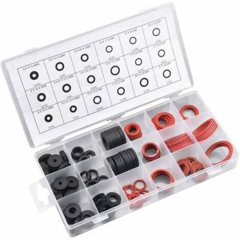 Joint Rondelle en Caoutchouc, 141 PCS Rondelle en Caoutchouc et Joint Fibre, 18 Tailles Joint Plat d'Etanchéité, Assortiment de Rondelles pour Robinet, Vanne, Pompe, Plomberie -Noir et Rouge (1/4)