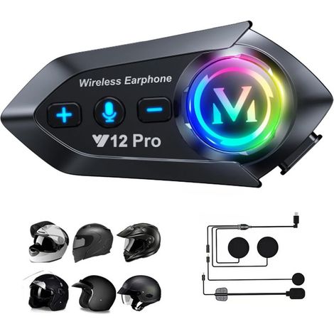 1 Pack,Intercom Moto Main Libre Oreillette Bluetooth Casque Suppression Bruit CVC Système d'Interphone Wireless 5.1 avec Radio IP65 Étanche Intercom-Moto-Interphone-Casque-Headset