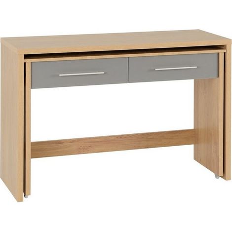 Seville 2 Drawer Slider Desk - L86 x W120 x H83 cm - Grey High Gloss/Light Oak Effect Veneer (1/6)