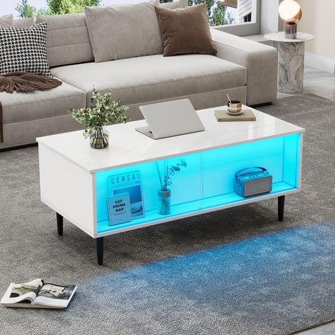 105 x 50 x 43 cm couchtisch Höhenverstellbarer Kaffeetisch mit Verstecktem Stauraum, wohnzimmertisch Mit LED-Licht,Sofatisch mit Stauraum und Ausstellungsfläche aus gehärtetem Glas, Weiß Mit 4 Beinen (1/5)