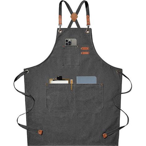 Tablier en toile, rallongé de 20 cm Tablier en toile robuste, motif croisé, utilisé pour la peinture, salon de beauté, barbecue, soudure, jardinage, menuiserie, cuisine-gris,de DEBUNS (1/5)