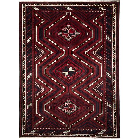 Tapis salon 215 x 290 cm, géométrique, bordeaux, crème et noir, laine nouée main, authentique et artisanal (1/5)