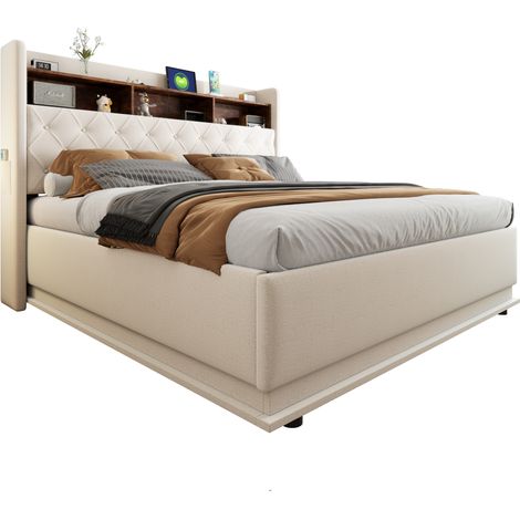Letto Matrimoniale Imbottito, LED Multicolore, USB e Contenitore, 180 x 200 cm, senza Materasso, Beige (1/5)