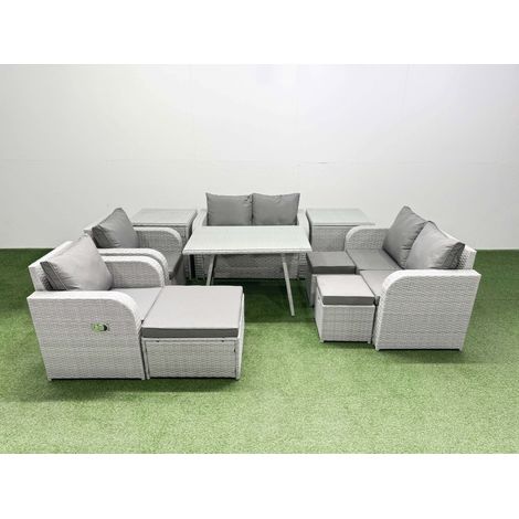 Fimous 9 Seater Rattan Garden Furniture Set Outdoor Love Sofa Set with Rectangular Dining Table 2 Side Tables 3 Footstools Light Grey (1/4)