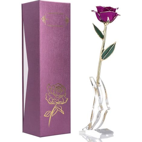 Real Purple Rose 24K Gold Dipped Preserved Flower Gifts with Stand for Valentines Day Anniversary Wedding (1/5)