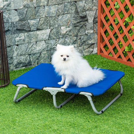 Lit pliant surélevé pour petits chiens, utilisable à l'intérieur comme à l'extérieur. Structure en acier et tissu Oxford. Dimensions : 71 x 58 x 20 cm. Couleur : bleu.