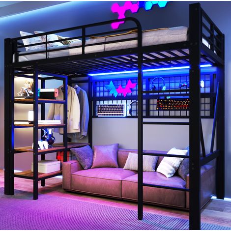 lit mezzanine 90x200 cm noir – avec LED, rangement et penderie, sans matelas (1/5)