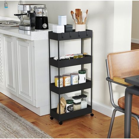 Chariot de rangement cuisine 40x19x90 cm en ABS noir à 4 niveaux avec 2 roulettes freinées - CHICFURN (1/5)