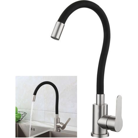 Robinet de Cuisine Flexible Bec Haut Orientable Librement Mitigeur Évier Flexible Acier inoxydable brossé et Noir Robinet Evier Monotrou à Eau Chaude et Froide (1/5)