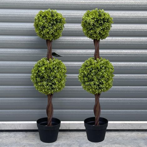 90cm Pair of Green Double Ball Topiary Trees (1/4)