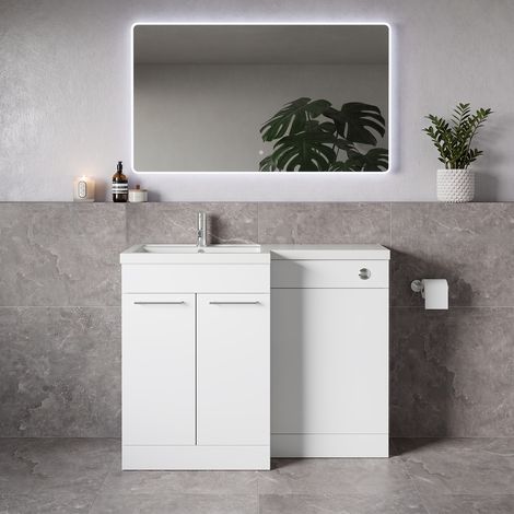 Napoli 390 Gloss White 1100mm 2 Door Vanity Unit Toilet Suite with Square Left Hand Lucia Basin - 1100mm - Chrome 160mm HandleWithout Kingston Toilet Pan