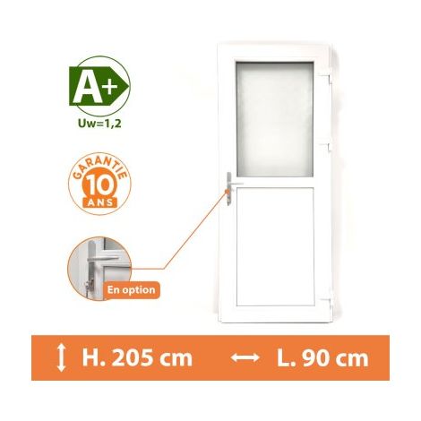 Direct Fenêtres – Porte de service PVC 1/2 vitrée – Double vitrage dépoli – Isolation thermique A – H.205 x l.90 cm – Seuil extra plat PMR (1/5)