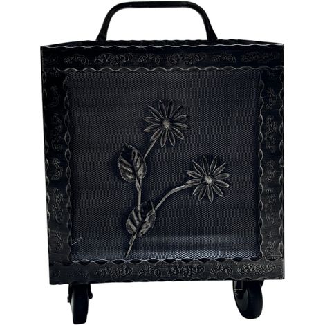 Porta Legna a Carrello in Ferro Battuto, 42x37x72 cm, con Ruote, per Camino e Stufa, Motivo floreale Grigio