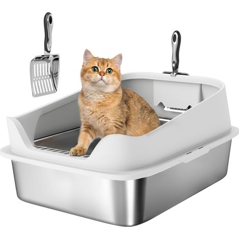 PawHut arenero para gatos de acero inoxidable XL caja de arena para gatos con borde alto pala fácil de limpiar prueba de fugas 60,2x40,2x29,7 cm gris (1/5)