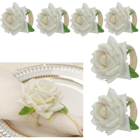 Lot de 6 ronds de serviette en forme de rose artificielle avec perle Pour mariage, anniversaire, banquet, décoration de table, Noël, Thanksgiving blanc (1/5)