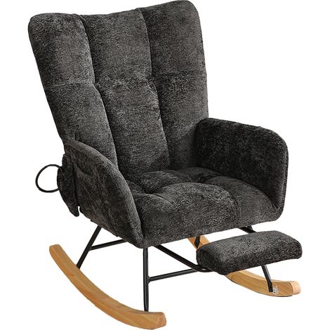 Sedia a dondolo imbottita in chenille nera con schienale alto e poggiapiedi (1/5)