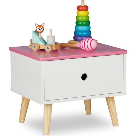 Relaxdays Children's Bedside Table, with Drawer, HWD: 31x38x30 cm, Kids' Room, Small Sideboard, Wood & MDF, White/Pink (1/5)